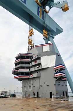 The 555-metric ton island for the future nuclear-powered aircraft carrier USS Gerald R. Ford (CVN 78) on Jan. 26 in Newport News, Va. US Navy Photo