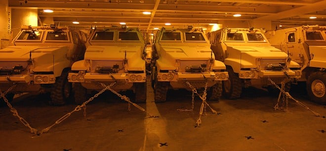 Mine resistant ambush protected vehicles offloaded from the Military Sealift Command roll-on/roll-off ship USNS Pililaau in Kuwait in 2008. U.S. Navy Photo