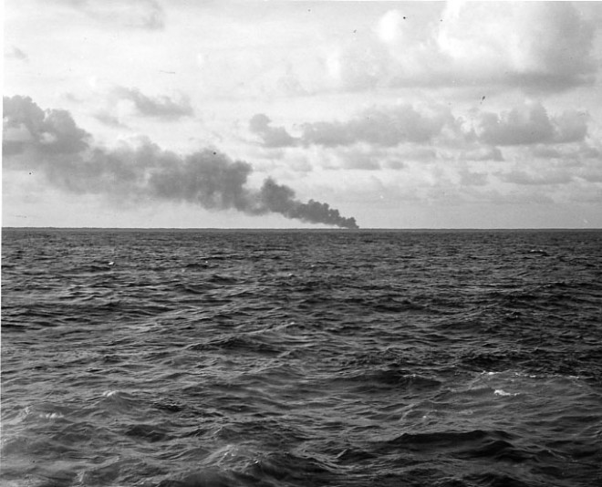 Smoke from Makin Island taken by the crew of the one of two submarines that ferried Marines to the raid.U.S. Navy photo