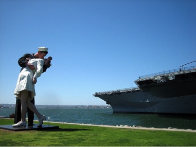 Unconditional Surrender, a series of 25 foot tall statues by J. Seward Johnson, has been on display in Sarasota, FL, San Diego, CA and Hamilton, NJ. The version in Sarasota was damaged when struck by a car.