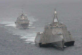 The first of class littoral combat ships USS Freedom (LCS 1), rear, and USS Independence (LCS 2) maneuver together during an exercise off the coast of Southern California on May, 2 2012.U.S. Navy Photo.