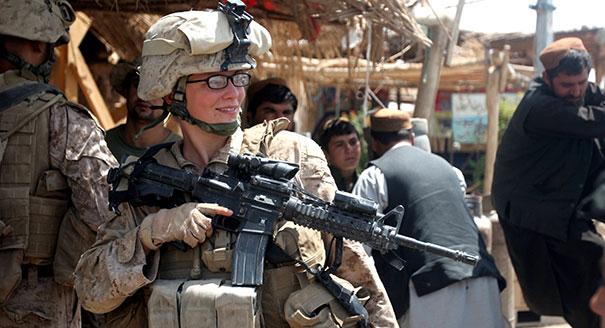 Lance Cpl. Stephanie Robertson, a member of the female engagement team (FET) assigned to 2d Battalion, 6th Marine Regiment, Regimental Combat Team 7, in Marjah, Afghanistan, in 2010. USMC Photo