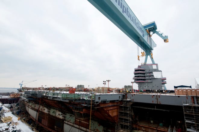 The first Gerald R. Ford class carrier (CVN 78) will face further delays if Congress passes a year-long Continuing Resolution. Huntington Ingalls Industries' Photo
