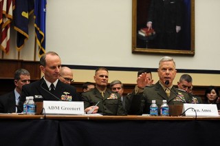 Commandant of the Marine Corps General James F. Amos speaks along side Chief of Naval Operations (CNO) Admiral Jonathan Greenert before the House Armed Services Committee in 2012. US Navy Photo