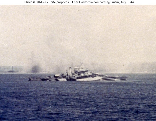 USS California bombarding Guam, July 1944