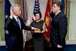 Chuck Hagel is sworn into office as the 24th Secretary of Defense at the Pentagon, Feb. 27, 2013. DoD Photo