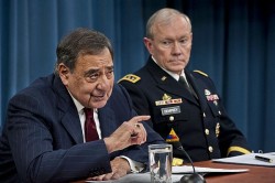 Secretary of Defense Leon E. Panetta and chairman of the Joint Chiefs of Staff, General Martin Dempsey, brief the press at the Pentagon, Jan. 10, 2013. DoD Photo