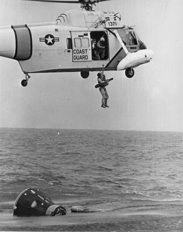 James A. McDivett is pulled from the Gulf of Mexico during Gemini 4 training, April 14, 1965. US Naval Institute Archives