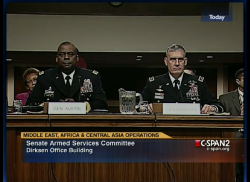 Gen. Lloyd Austin III (left) and Gen. David Rodriguez (right) during a Feb. 14 Senate Armed Services Committee nomination hearing. C-Span Photo