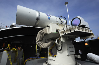 Laser Weapon System (LaWS) aboard the guided-missile destroyer USS Dewey (DDG-105) in San Diego, Calif. in 2012. US Navy Photo