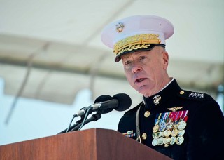 Commandant of the Marine Corps Gen. James Amos addresses the Sailors and Marines assigned to the newly commissioned amphibious transport dock ship USS Arlington (LPD-24) on April, 6 2013. US Navy Photo
