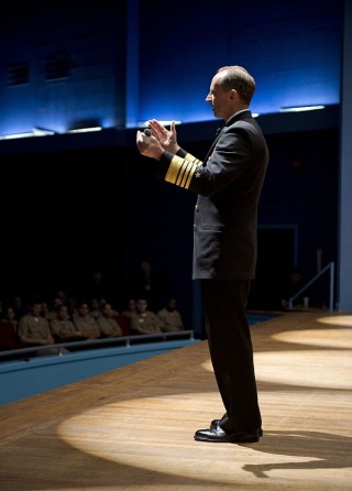Adm. Jonathan W. Greenert addresses a Sailor’s question during an all hands call hosted at Naval Air Station North Island on Jan. 31, 2013. 