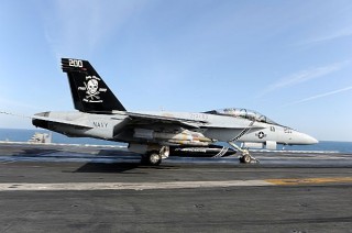 An F/A-18F Super Hornet from the Jolly Rogers of Strike Fighter Squadron (VFA) 103 launches from the flight deck of aircraft carrier USS Dwight D. Eisenhower (CVN-69). U.S. Navy Photo.