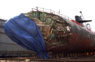 USS San Francisco (SSN 711) in dry dock to assess damage sustained after running aground approximately 350 miles south of Guam Jan. 8, 2005. U.S. Navy Photo