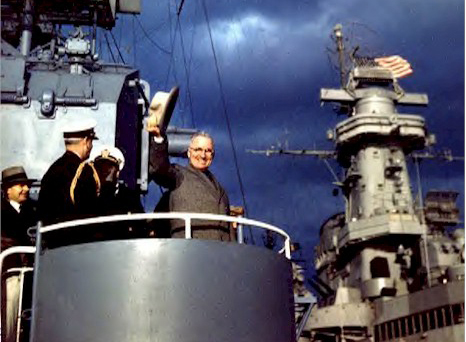 President Harry Truman onboard USS Renshaw during the Navy Day Fleet Review in New York Harbor, 27 October 1945. National Archives Photo