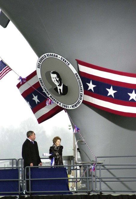 Former First Lady, Nancy Reagan christens USS Ronald Reagan (CVN 76) in 2001. US Army Photo
