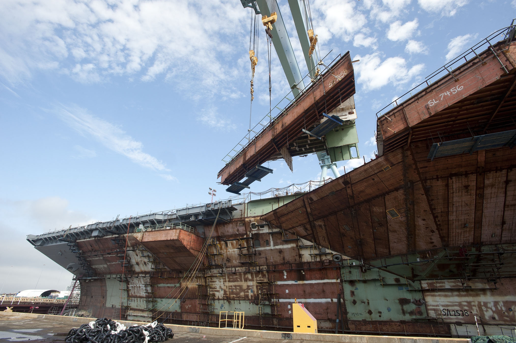 USS Gerald R. Ford (CVN-78) under construction in 2013. Newport News Shipbuilding photo.
