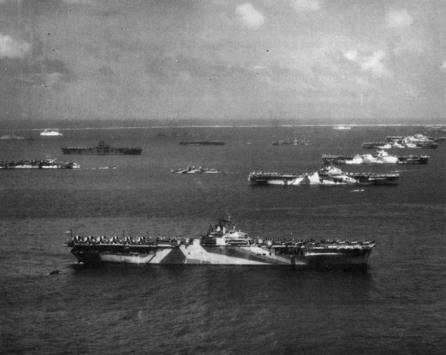 U.S. Third Fleet aircraft carriers at anchor in Ulithi Atoll, 8 December 1944