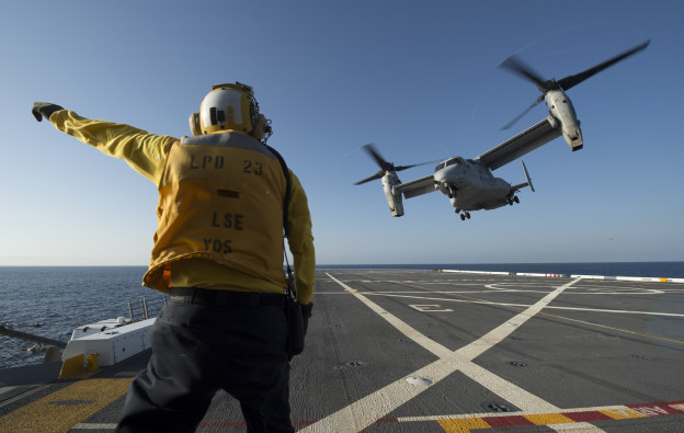MV-22 Osprey assigned to Marine Medium Tiltrotor Squadron (VMM) 161 as it launches from the flight deck of the Amphibious Transport Dock Ship USS Anchorage (LPD-23) on April 23, 2013. 
