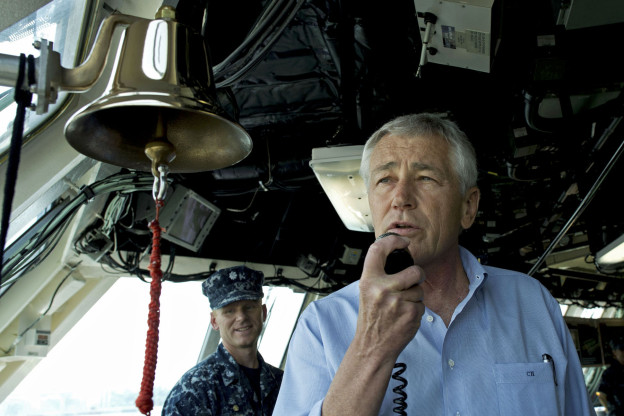 Secretary of Defense Chuck Hagel addresses the crew of the USS Freedom (LCS 1) in Singapore, June 2, 2013. Department of Defense Photo