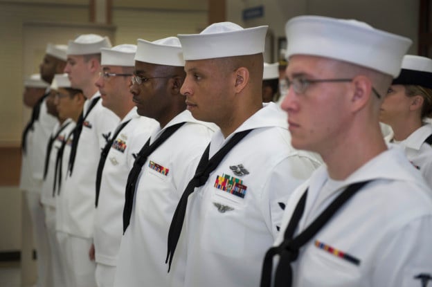Sailors assigned to Naval Branch Health Clinic at Naval Support Activity, Bahrain, wait for a uniform inspection on June, 17 2013. US Navy Photo