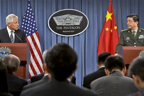 Defense Secretary Chuck Hagel and Chinese Defense Minister Gen. Chang Wanquan hold a joint press conference at the Pentagon, Aug. 19, 2013. DoD Photo