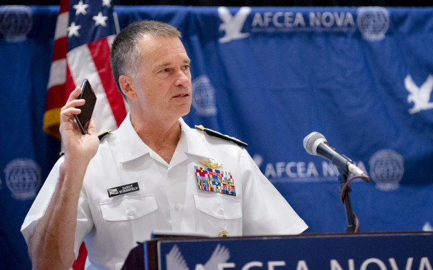 Vice Chairman of the Joint Chiefs of Staff Navy Admiral James A. Winnefeld, Jr. addresses an audience attending the Armed Forces Communications and Electronics Association(AFCEA) 6th Annual Joint Warfighter IT Day. 