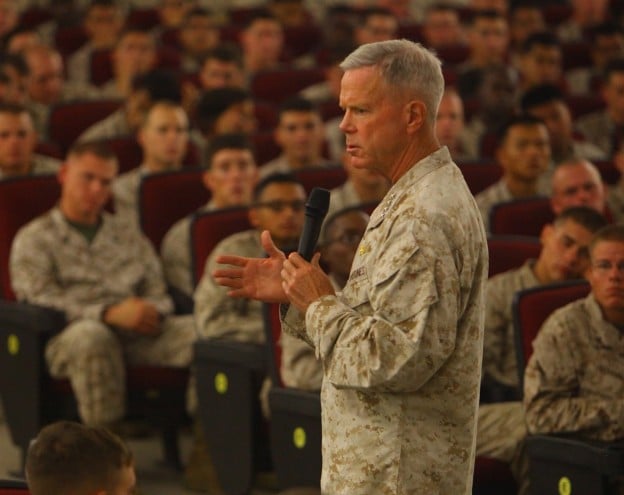 Corps Gen. James F. Amos addresses an audience of Marines on July 18, 2013. USMC Photo