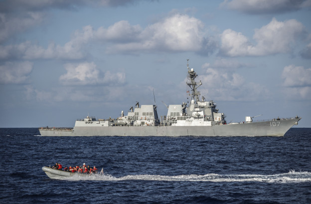 Sailors assigned to the Arleigh Burke-class guided-missile destroyer USS Barry (DDG-52) perform small boat operations alongside the Arleigh Burke-class guided-missile destroyer USS Gravely (DDG-107). US Navy Photo
