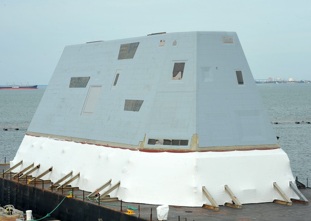 The deckhouse for the future USS Zumwalt (DDG-1000) sits on a barge at Norfolk Naval Station in 2012. US Navy Photo