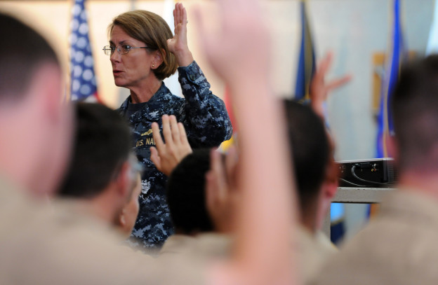 Capt. Susan K. Cerovsky leads a discussion during sexual assault prevention and response (SAPR) training in June 2013. US Navy Photo