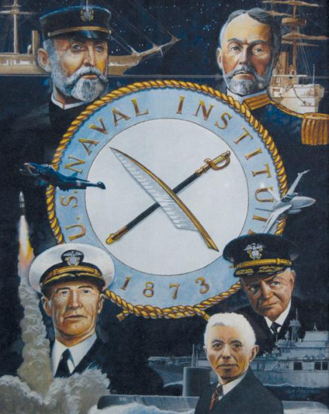 U.S. Naval Institute contributors clockwise from top right: W.S. Sims, William F. Halsey, Hyman Rickover, Ernest J. King and Alfred Thayer Mahan. Illustration by Tom W. Freeman