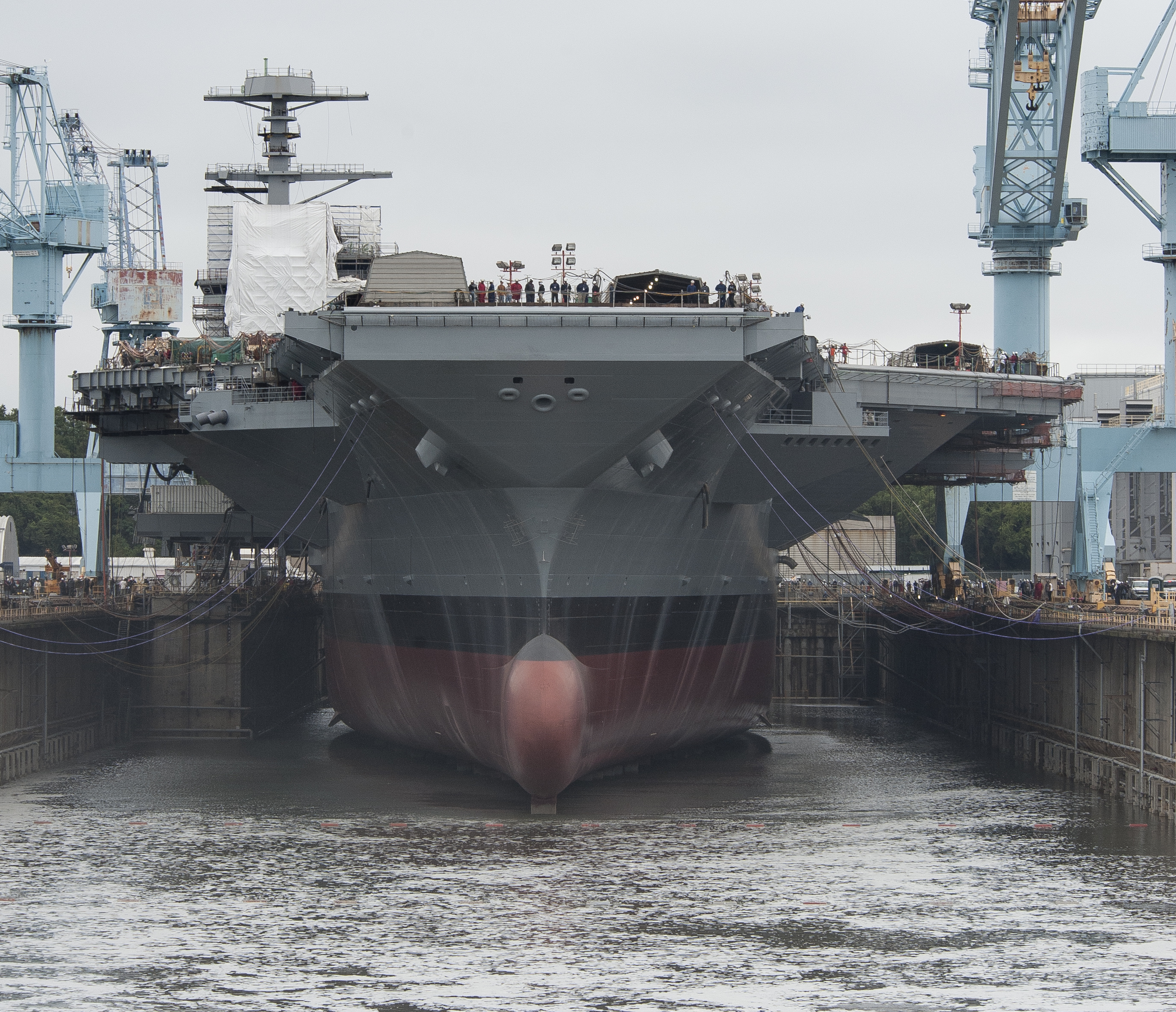 USS Gerald R. Ford, CVN 78, dry dock flooding.  Photo by Huntington Ingalls Industries