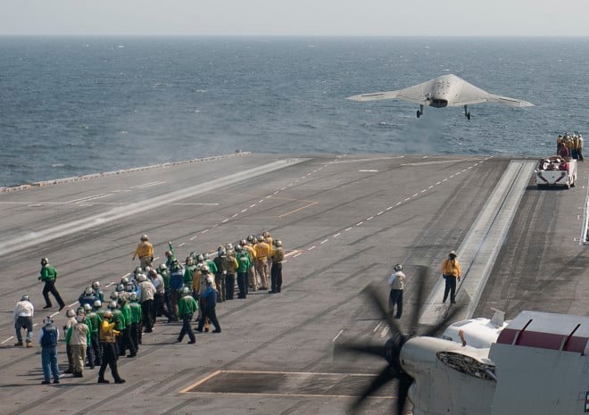A X-47B Unmanned Combat Air System (UCAS) demonstrator launches from the aircraft carrier USS George H.W. Bush (CVN-77) on July, 10 2013. US Navy Photo
