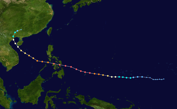 Track map of Typhoon Haiyan of the 2013 Pacific typhoon season. The points show the location of the storm at 6-hour intervals. 