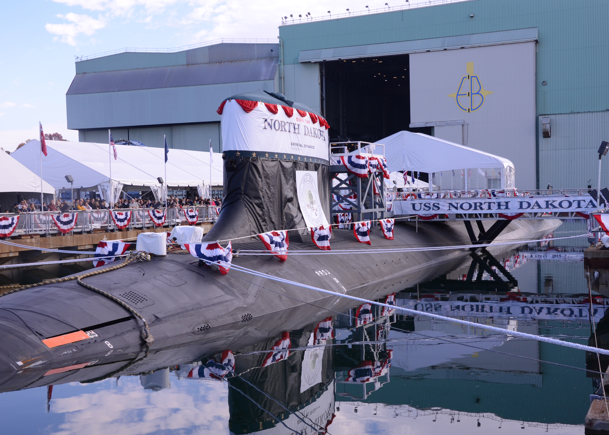 North Dakota (SSN 784) sits moored at the graving dock of General Dynamics Electric Boat prior to its christening ceremony in Groton, Conn. on Nov. 2, 2013. US Navy Photo