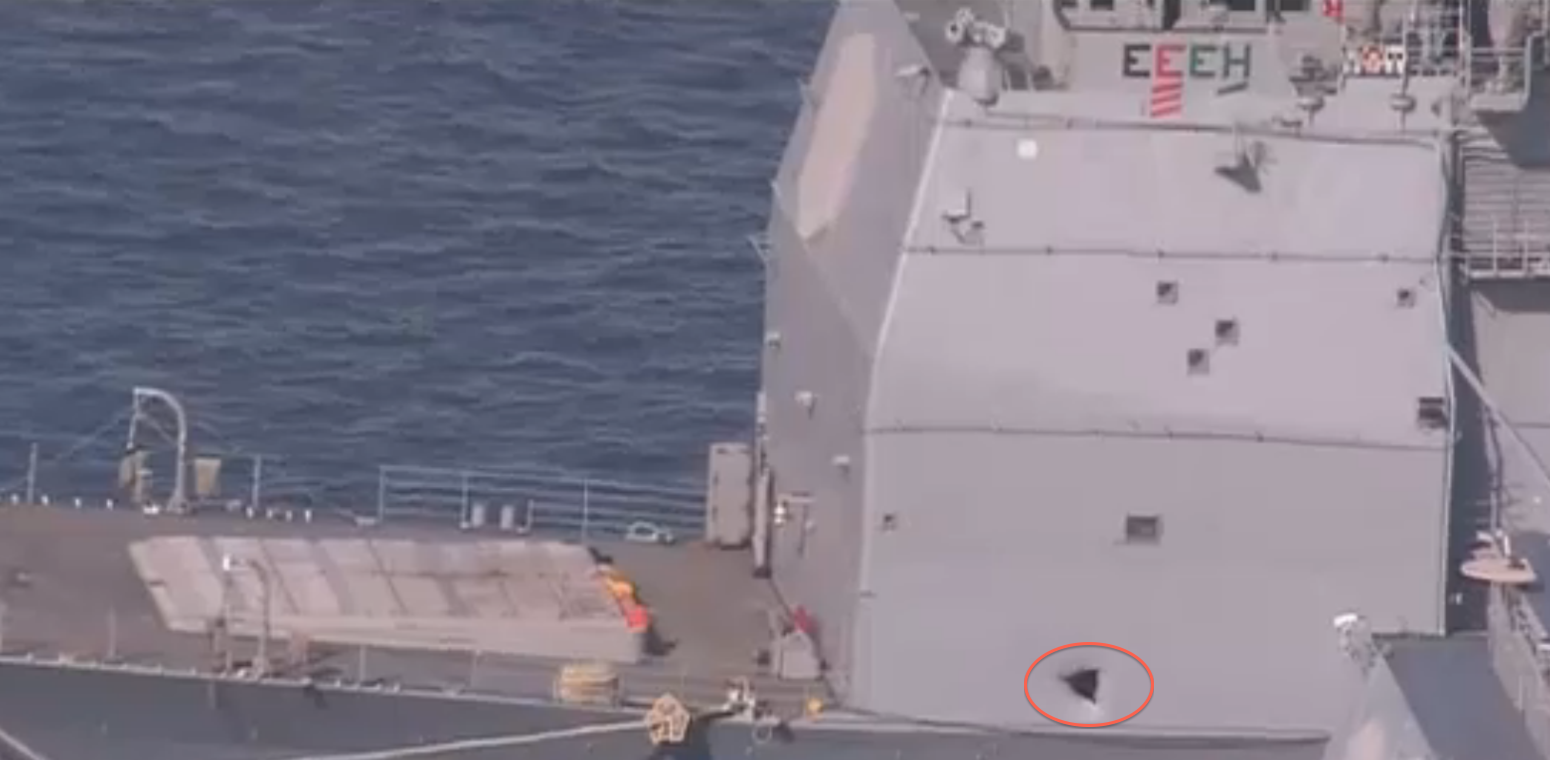 An image of guided missile cruiser USS Chancellorsville (CG-62) following a collision with a BGM-74 target drone on Saturday. The impact area is circled. NBC 7 San Diego Image/U.S. Naval Institute photo illustration 
