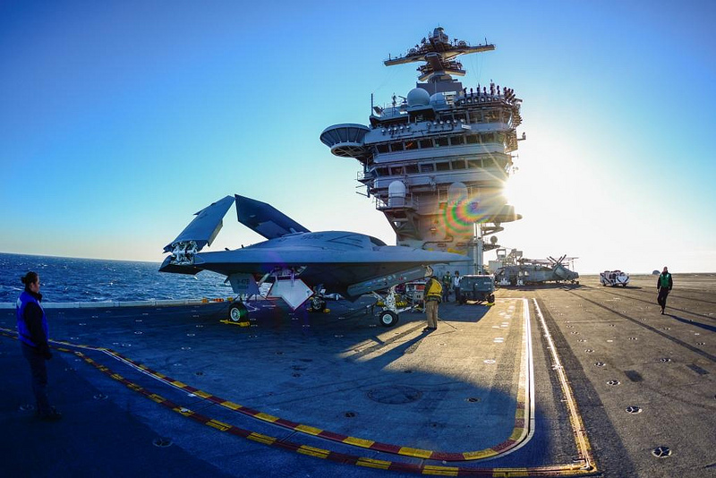 The X-47B on the deck of the USS Theodore Roosevelt (CVN-71) on Nov. 10, 2013. US Navy Photo
