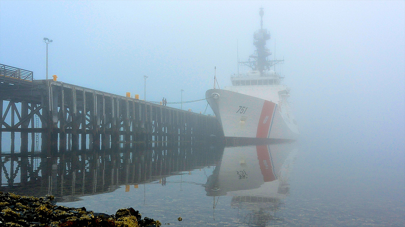 Coast Guard Cutter Waesche is moored to the Coast Guard Base Kodiak fuel pier on a foggy morning in Kodiak, Alaska, on Aug. 19, 2013. US Coast Guard Photo