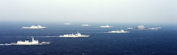 An undated photo of Chinese Liaoning leading a group of People's Liberation Army Navy ships. Xinhua Photo