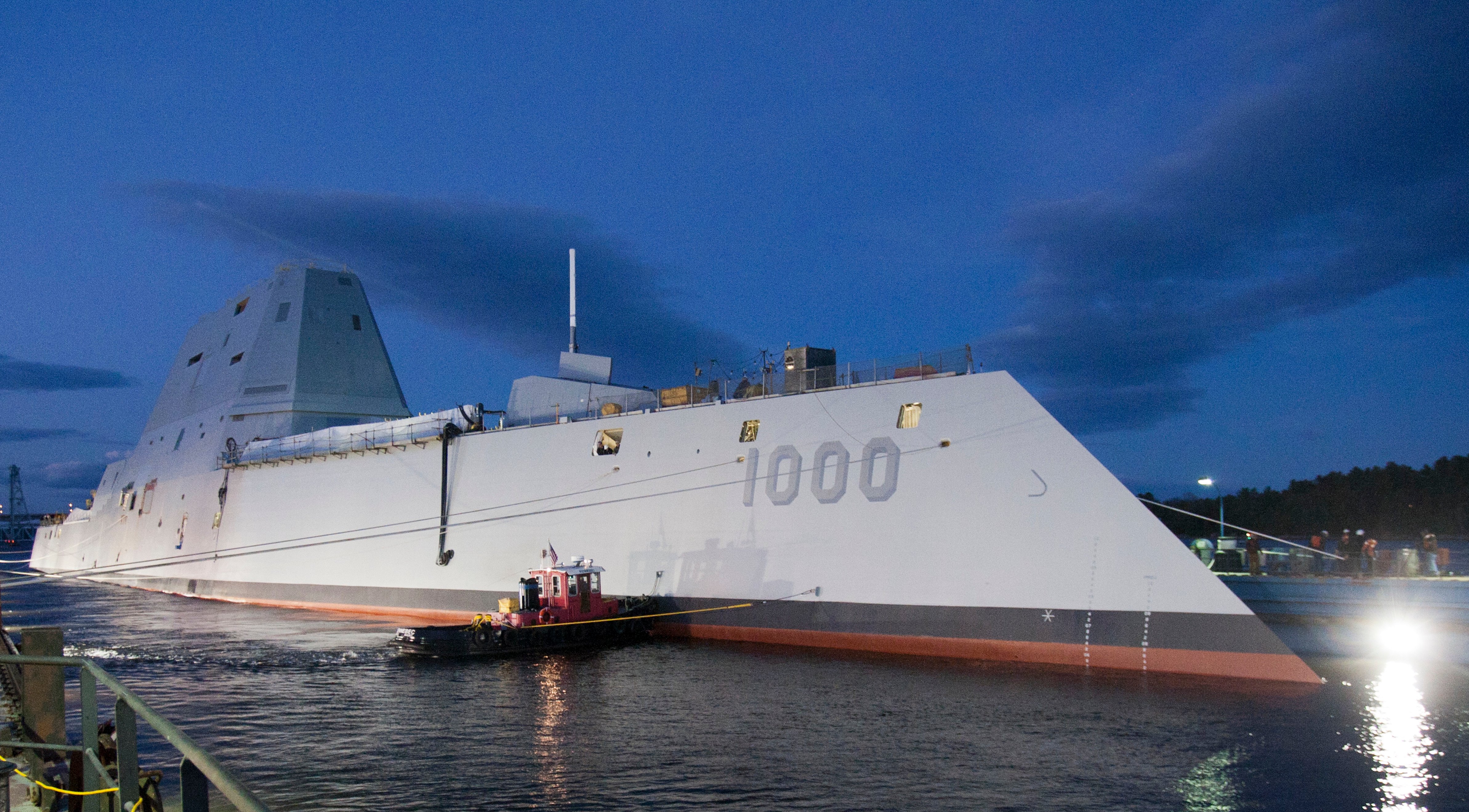 Zumwalt-class guided-missile destroyer DDG 1000 is floated out of dry dock at the General Dynamics Bath Iron Works shipyard on Oct. 28, 2013. US Navy Photo