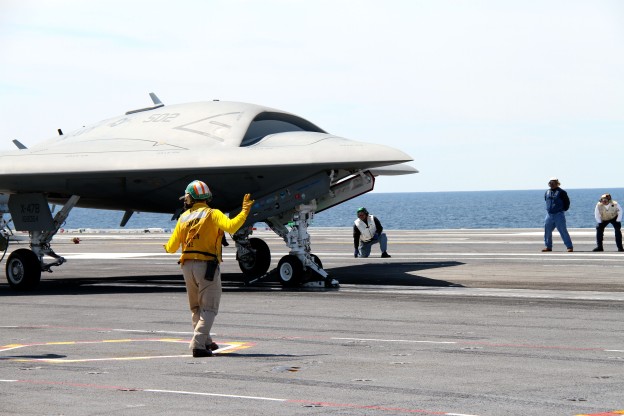The Northrop Grumman X-47B preparing to launch off of USS George H.W. Bush (CVN-77) on May, 2013. US Naval Institute Photo