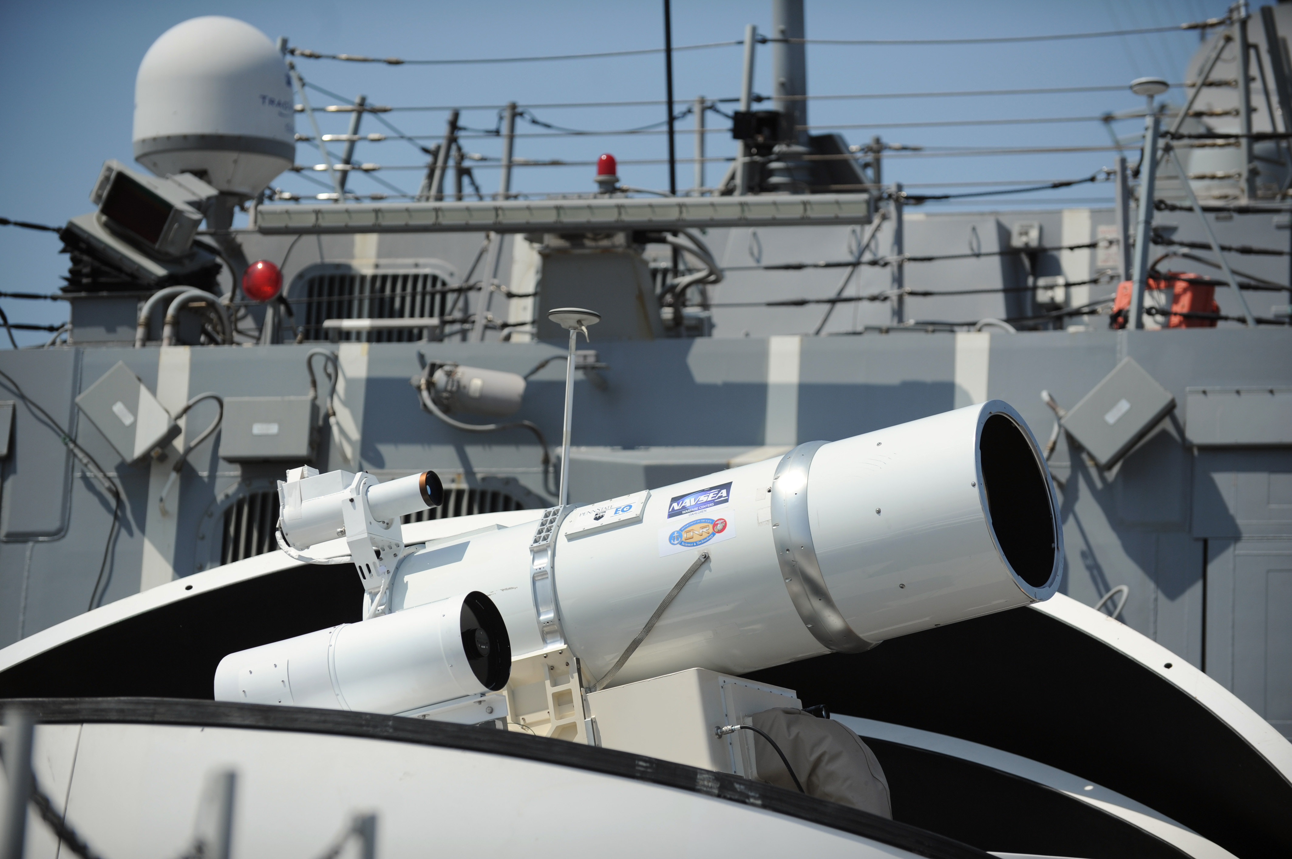 The Laser Weapon System (LaWS) installed aboard the guided-missile destroyer USS Dewey (DDG-105) US Navy Photo