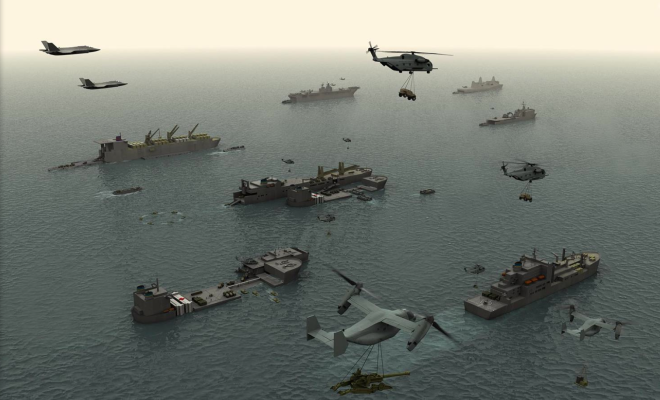 An artist's conception of the Amphibious Ready Group with the addition of Mobile Landing Platforms. US Marine Corps Photo