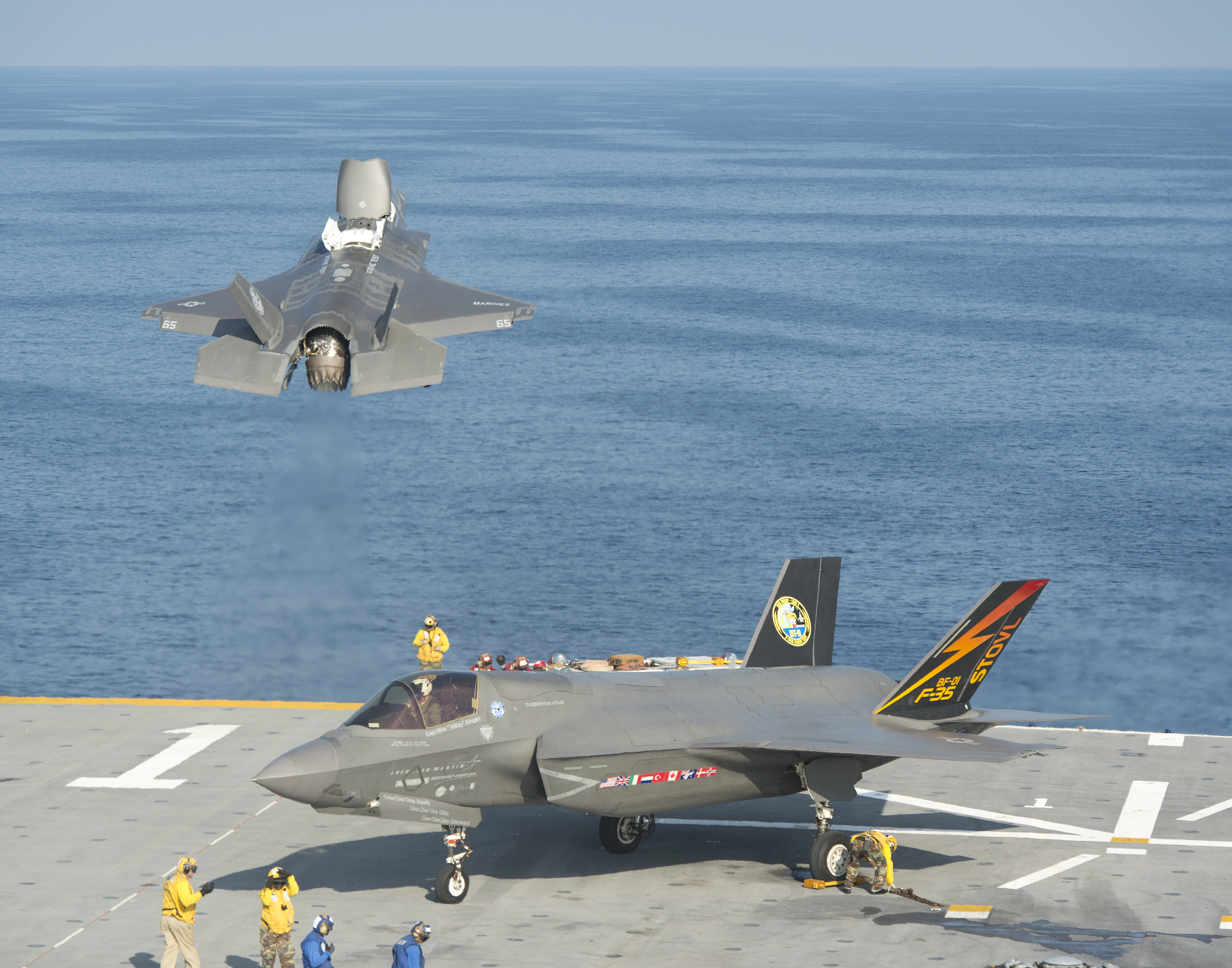 A pair of F-35B test aircraft on USS Wasp (LHD-1) on Aug. 12, 2013. US Navy Photo