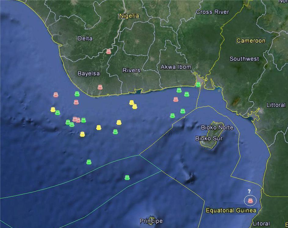 Reported kidnappings in the Gulf of Guinea from 2012 to 2014. Yellow = 2012, Green = 2013, Red = 2014. Data from Delex Maritime Analysis Center and OCEANUS Live