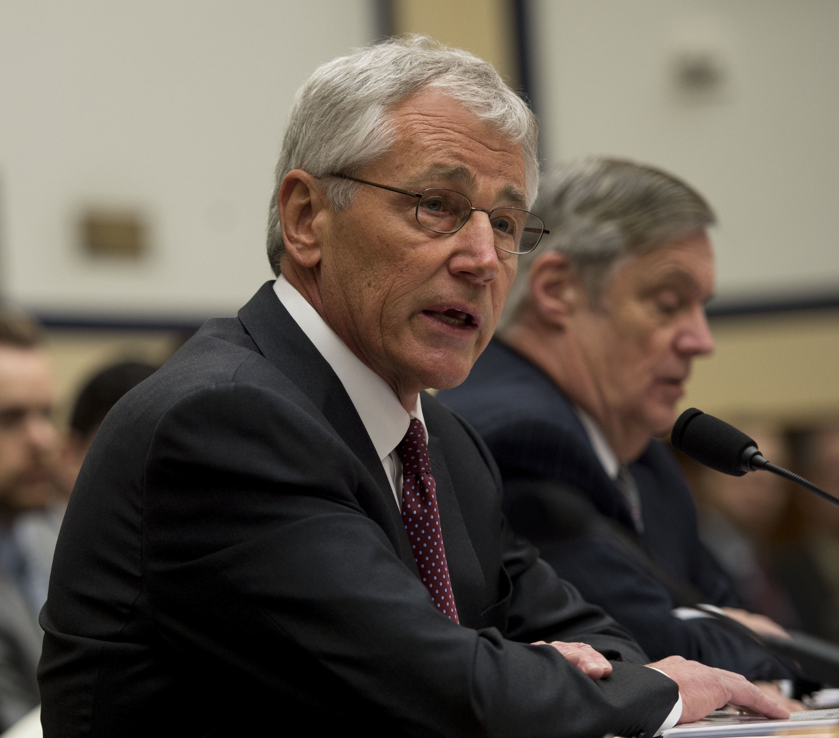 Secretary of Defense Chuck Hagel and Department of Defense Comptroller Robert Hale testify before the House Armed Service Committee on March 6, 2014. Department of Defense Photo. 