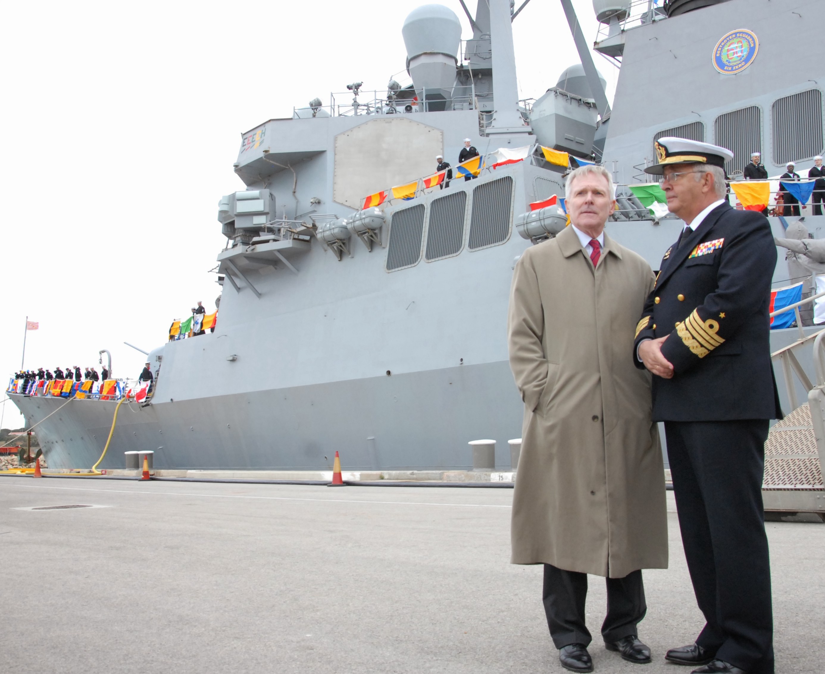 Secretary of the Navy Ray Mabus, left, speaks with Spanish Chief of Naval Staff Adm. Jaime MuÒoz-Delgado y Diaz del Rio following the arrival of the Arleigh Burke-class guided-missile destroyer USS Donald Cook (DDG-75) at Naval Station Rota, Spain on Feb. 11, 2014. US Navy Photo
