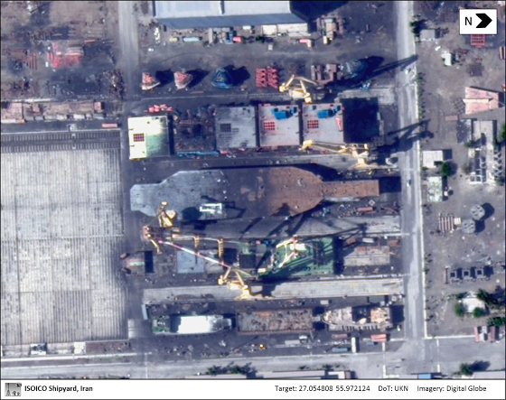 A commercial satellite image of the Nimitz-class carrier mockup under construction in Iran. Digital Globe Photo 