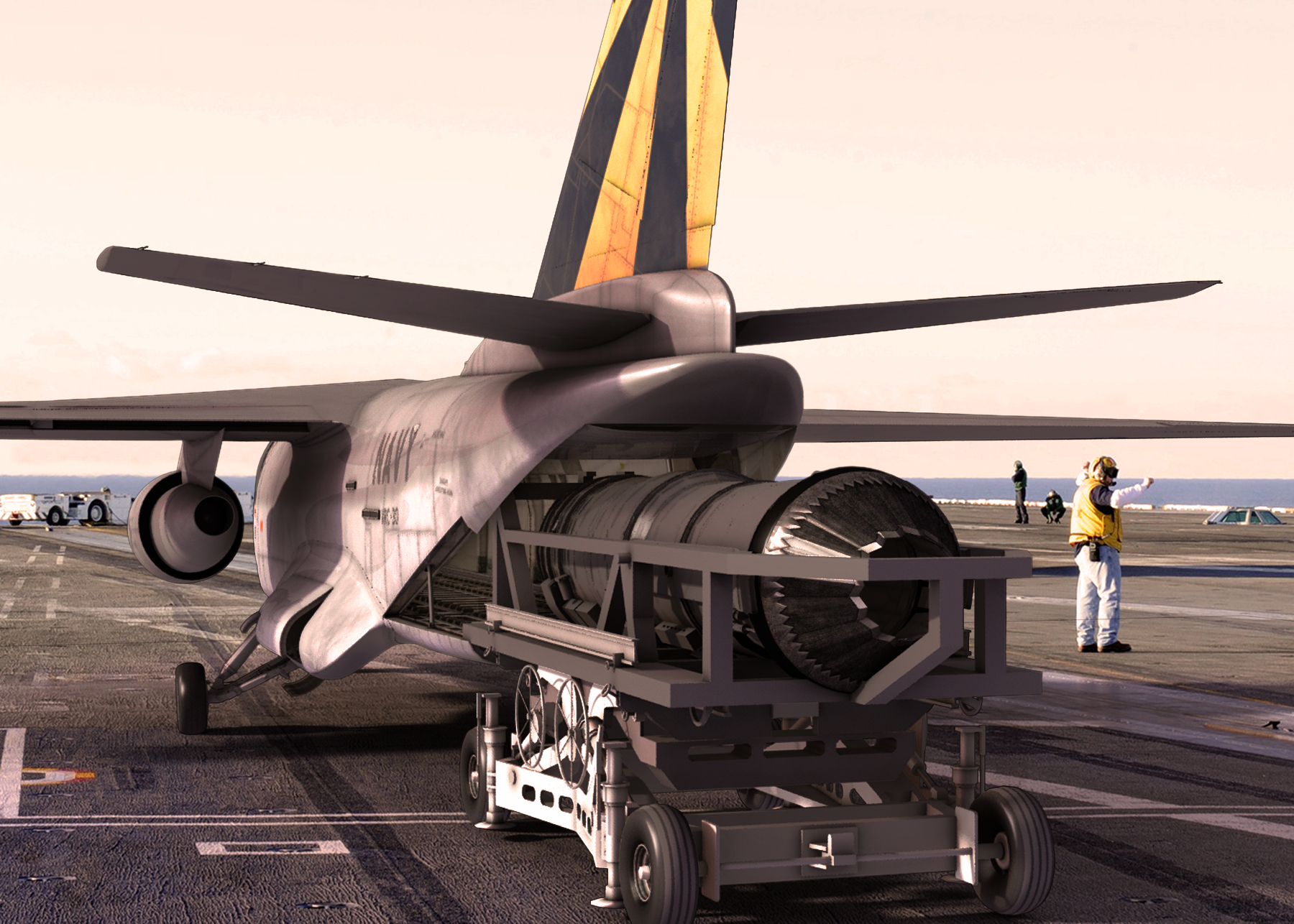 An artist's concept of Lockheed Martin's C-3 concept to replace the Navy's Carrier Onboard Delivery (COD) aircraft loading a F-135 engine. Lockheed Martin Photo